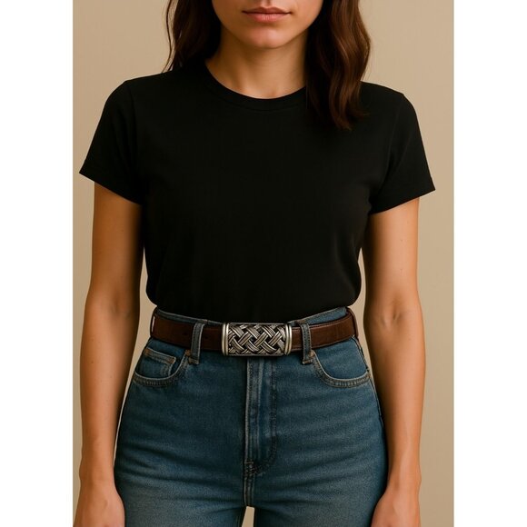 Vintage 80s Vicenza Woman’s 44 Belt Brawn Italian Genuine Calfskin Buckle Skinny - Picture 1 of 10